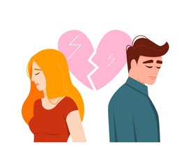 Concept Relationship troubles. Man and woman in a quarrel. Conflicts between husband and wife. Depression and anxiety. Divorce. Vector cartoon characters illustration.