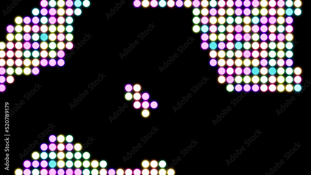 Poster abstract retro pixelated background with randomly moving digital colorful circles. design. moving sc