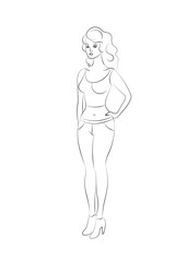 A standing woman in the style of line art. Beautiful girl in full height