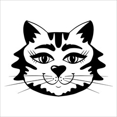 A hand-drawn cat face in black and white, an isolated cat head drawing