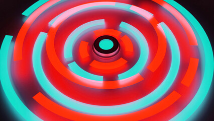 Rotating neon rings in 3D computer space. Design. Bright neon rings with intermittent lines rotate on black background. Computer rings with lines rotate in center