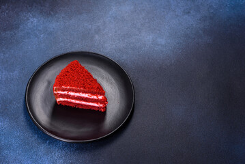 Red velvet cake, classic three layered cake from red butter sponge cakes with cream
