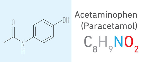 Acetaminophen (Paracetamol) C8H9NO2 molecule. Stick model. Structural Chemical Formula. Chemistry Education