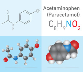 Paracetamol (Acetaminophen) C8H9NO2 molecule. Two different molecule model and chemical formula. Ball, stick and Space filling model. Structural Chemical Formula and Molecule Model. Chemistry Educatio