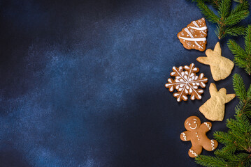 Delicious gingerbread cookies with honey, ginger and cinnamon. Christmas composition