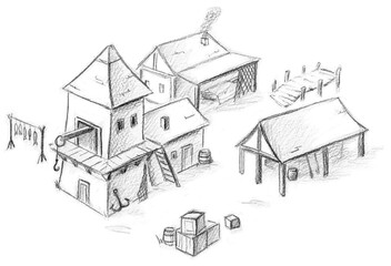 Hand pencil drawn harbour town. Fantasy map creator.