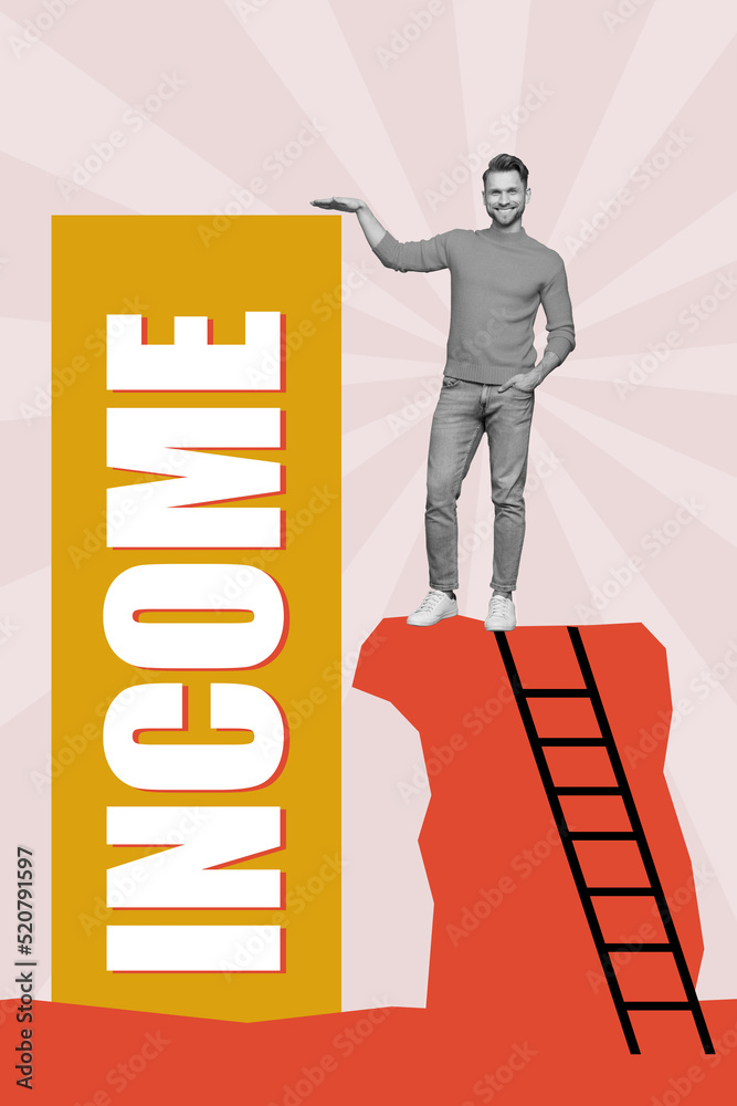 Sticker Vertical collage image of positive successful guy black white effect climb ladder hand measure income size height isolated on creative background