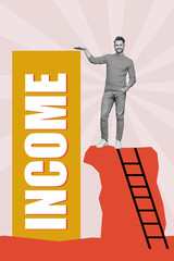 Vertical collage image of positive successful guy black white effect climb ladder hand measure income size height isolated on creative background