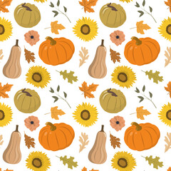 Autumn festival seamless pattern with orange, and brown pumpkins, dry forest leaves, and sunflowers. Isolated on white background. Autumn harvest illustration. Thanksgiving wallpaper.