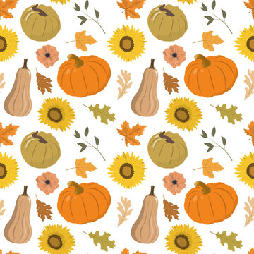 Autumn festival seamless pattern with orange, and brown pumpkins, dry forest leaves, and sunflowers. Isolated on white background. Autumn harvest illustration. Thanksgiving wallpaper.