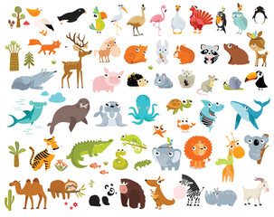 Print. Big vector set of cartoon animals. Forest animals, tropical animals, sea animals.
- 520794152
