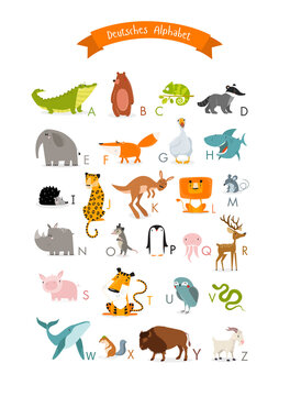 Print. German alphabet with cute animals. Poster for teaching letters to children. Letters. Preschool education. Poster for a children's room.