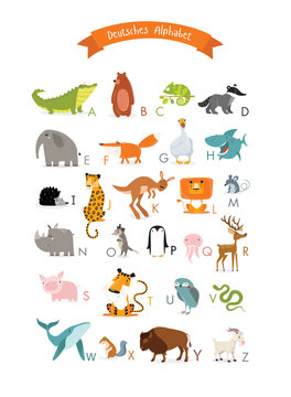 Print. German alphabet with cute animals. Vector poster for teaching letters to children. Letters. Preschool education. Poster for a children's room.