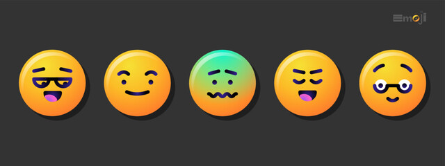 Round emoticons set. Yellow Emoji faces emoticon smile, digital smiley expression emotion feelings, chat cartoon emotes. Vector illustration icons