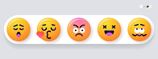 Obraz premium Round emoticons set. Yellow Emoji faces emoticon smile, digital smiley expression emotion feelings, chat cartoon emotes. Vector illustration icons