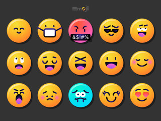 Fototapeta premium Round emoticons set. Yellow Emoji faces emoticon smile, digital smiley expression emotion feelings, chat cartoon emotes. Vector illustration icons
