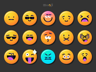 Round emoticons set. Yellow Emoji faces emoticon smile, digital smiley expression emotion feelings, chat cartoon emotes. Vector illustration icons