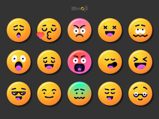 Fototapeta premium Round emoticons set. Yellow Emoji faces emoticon smile, digital smiley expression emotion feelings, chat cartoon emotes. Vector illustration icons