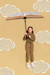 Vertical collage on cheerful excited small girl arm hold umbrella book air fly text clouds sky...