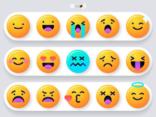 Round emoticons set. Yellow Emoji faces emoticon smile, digital smiley expression emotion feelings, chat cartoon emotes. Vector illustration icons