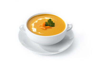 Carrot soup with cream and parsley isolated on white background