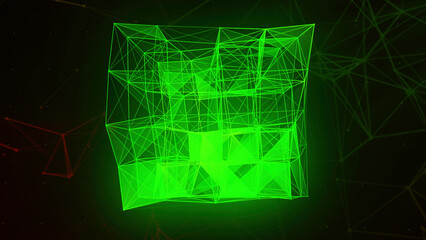 Linear construction in geometric cube. Motion. Colorful lines are assembled into cube in 3D projection. Colorful cube of lines and triangular connection