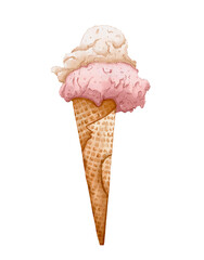 Ice cream in cone watercolor food illustration isolated on white background