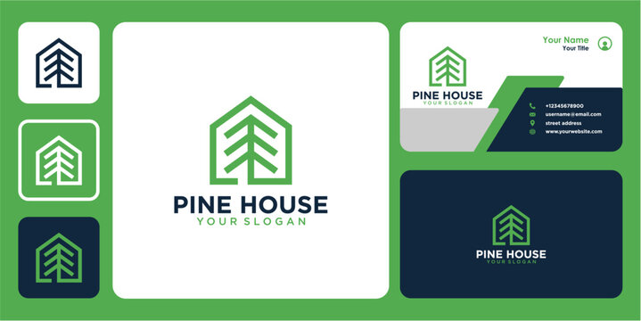 pine logo design with house and business card