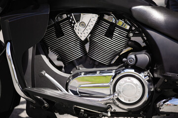 motorcycle motor closeup. motorcycle engine block. Luxury modern chrome Chopper Engine photography...