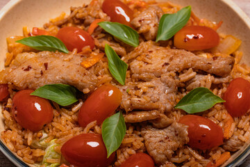Fried rice with pork with chili paste. Thai spicy food.
