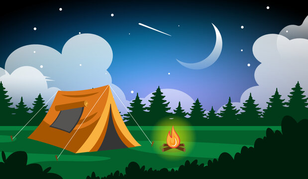 camping. forest. Camping concept illustration. wooded landscape illustration with people camping. camping house in the middle of the forest.