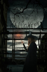 Obraz na płótnie Canvas Halloween witch holding magic wand standing over damaged old wooden bridge, bird, dead tree, full moon with spooky cloudy sky, Halloween mystery concept
