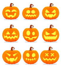 Set of halloween pumpkins on white background. Orange pumpkin with funny face for halloween design. Happy halloween holiday vector illustration