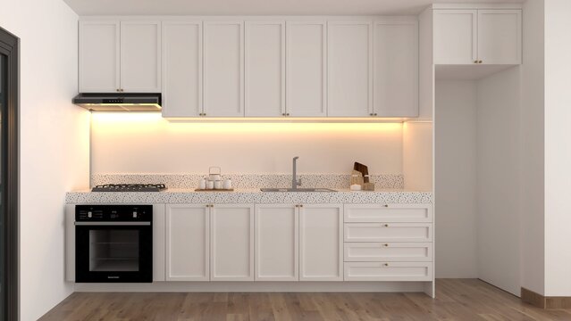 White Modern Kitchen room for electronic items oven,  microwave, refrigerator, pot and blender, 3D rendering 