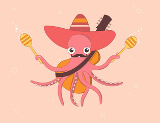 Cute vector mariachi octopus with maracas and guitar