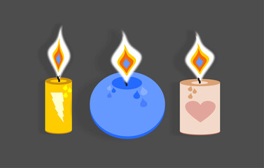 Three candles of different shapes and sizes. The candles are lit, the fire is realistic. Candles in flat style. Relaxation mood.