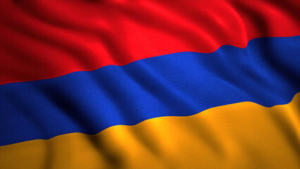 The flag of Armenia.Motion. A tricolor flag consisting of red blue and orange shades that sways as if in the wind