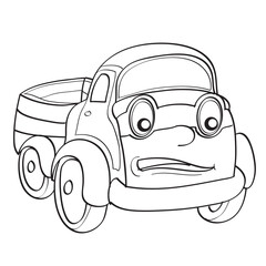 sketch, cute truck character with big eyes, coloring book, cartoon illustration, isolated object on white background, vector,