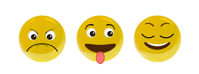 Realistic, yellow, glossy smiley icons. Different emotions. Vector illustration.
