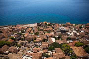 View of the city of Monemvasia in Greece. View from the heights of the city Monemvasia in the Peloponnese. Greece, July 2022.