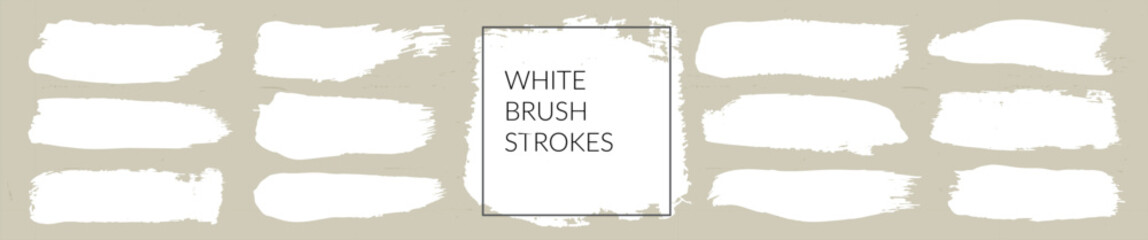 White brush strokes vector paintbrush set, grunge streak templates for japanese calligraphy with line border. Brushstroke design elements. Long text boxes. Dirty distress texture banner background
