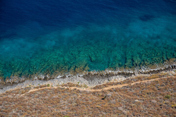 Sea in Greece. View of the sea and the coast in the Peloponnese. Greece, July 2022.