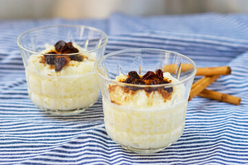 メキシコの伝統的な米のデザート　アロス・コン・レチェ　コピースペースあり　Traditional Mexican rice dessert Arroz con leche (Mexican Rice Pudding) with copy space