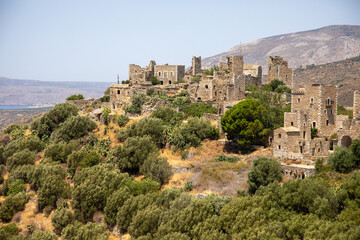 Abandoned village of Vathia. General view of the abandoned village of Vathia in the Peloponnese. Greece, July 2022.