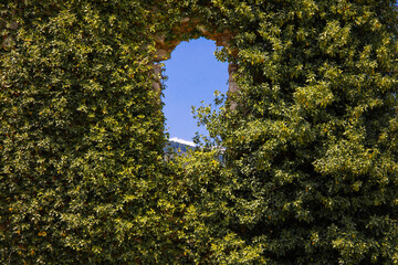 Ruin in the Peloponnese in Greece. Hole in a wall covered with vegetation through which appears the blue sky. Greece, July 2022.