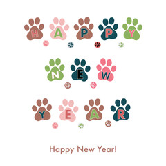 Fototapeta na wymiar Happy new year text with paw prints. New year greeting card