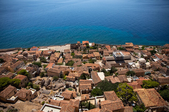 View of the city of Monemvasia in Greece. View from the heights of the city Monemvasia in the Peloponnese. Greece, July 2022.
