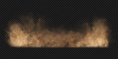 Dust sand cloud with stones and flying dusty particles isolated on transparent background. Brown dusty cloud or dry sand flying. Realistic vector illustration. © Vector_Artist