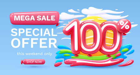 Mega sale special offer, Stage podium percent 100, Simmer time lifestyle, happy banner travel. Vector