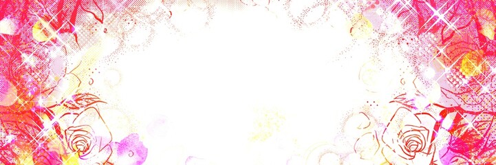 70年代少女漫画キラキラピンクの薔薇の花園背景ペン画ワイドサイズイラスト